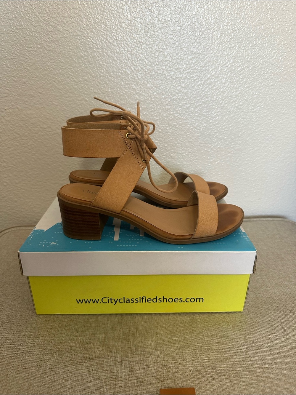 Cityclassified Tan Lace-Up Block Heel Sandals